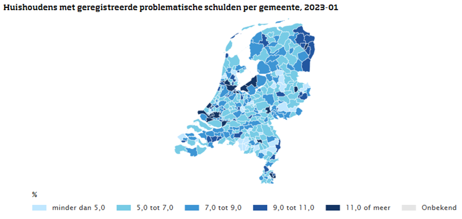 Huishoudens met geregistreerde problematische schulden per gemeente, 2023-01
